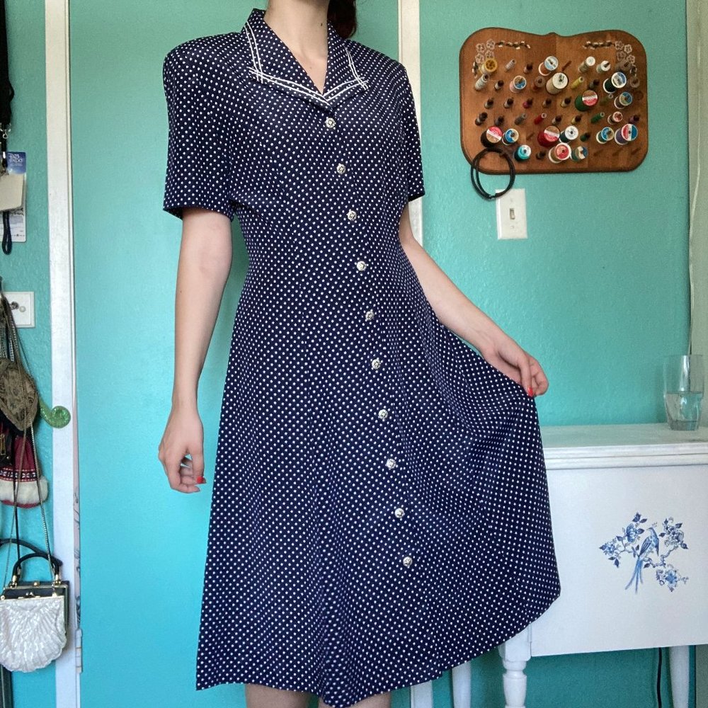 80s does 40s Vintage Navy Star Print Dress